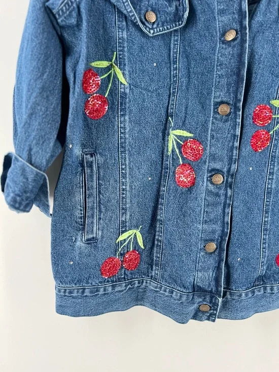 Quacker Factory Vintage Sequin & Embroidered Cherry Denim Jacket - Large - EUC - Picture 4 of 8
